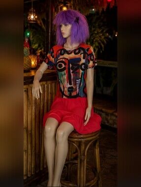 Nwot Upcycled Boho Chic Colorful Abstract Face Print Dress One Of A Kind
